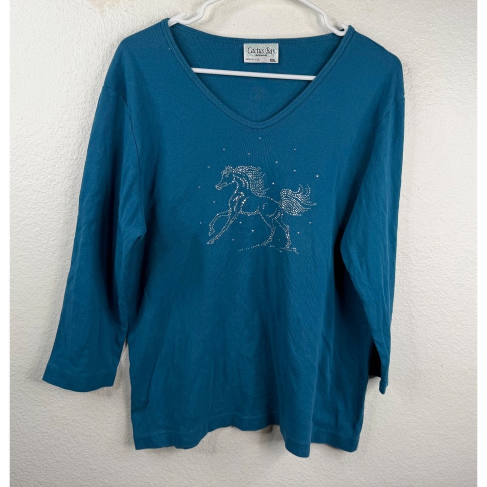 Cactus Bay Women's Top Teal Blue Sz XXL Horse Bling 3/4 Sleeve Country